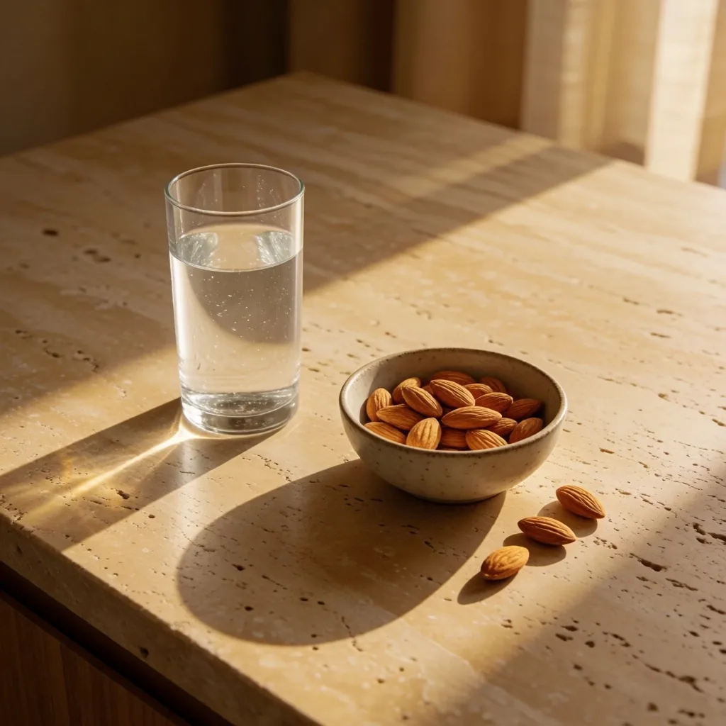 Morning light across a travertine kitchen surface