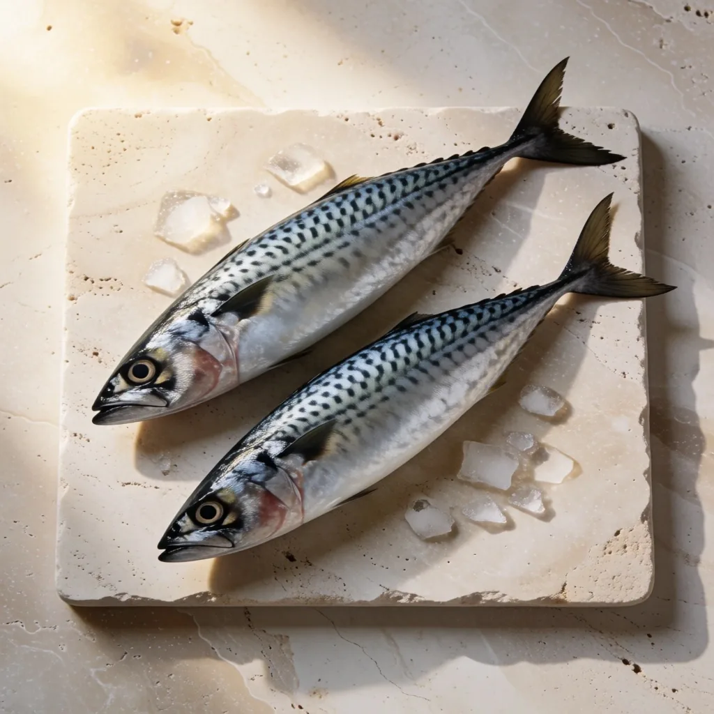 Fresh mackerel on travertine stone slab