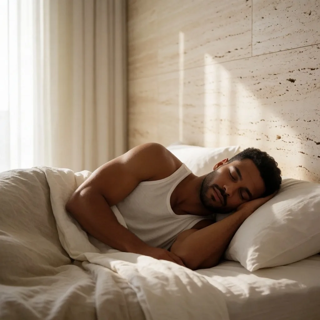 Minimalist bedroom with warm morning light