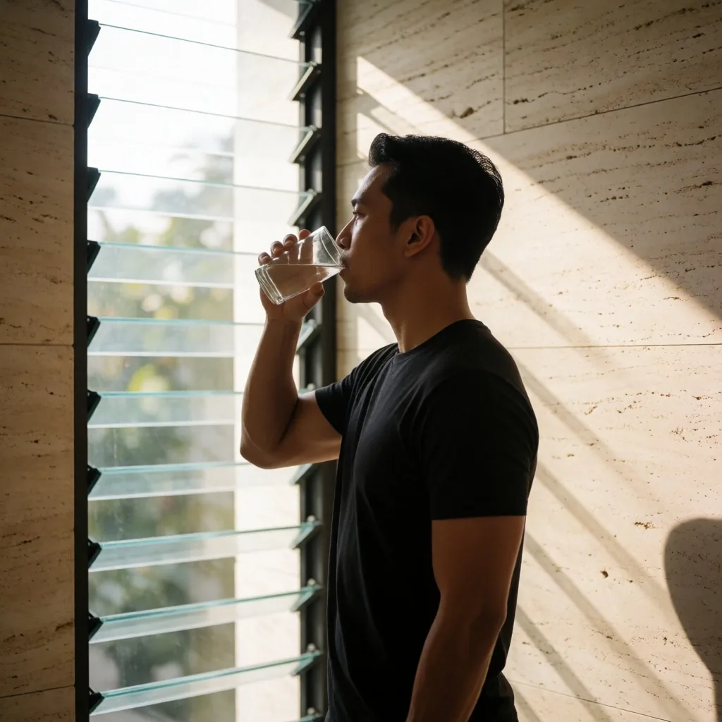 Man hydrating in a sunlit minimalist room