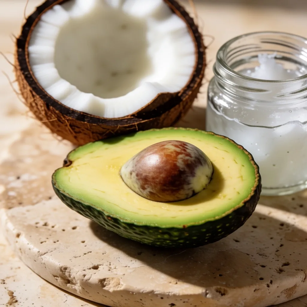 Avocado, coconut, and coconut oil on travertine stone