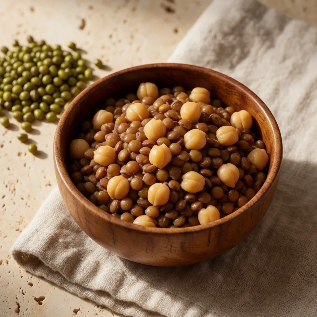 Bowl of lentils and chickpeas with mung beans on linen